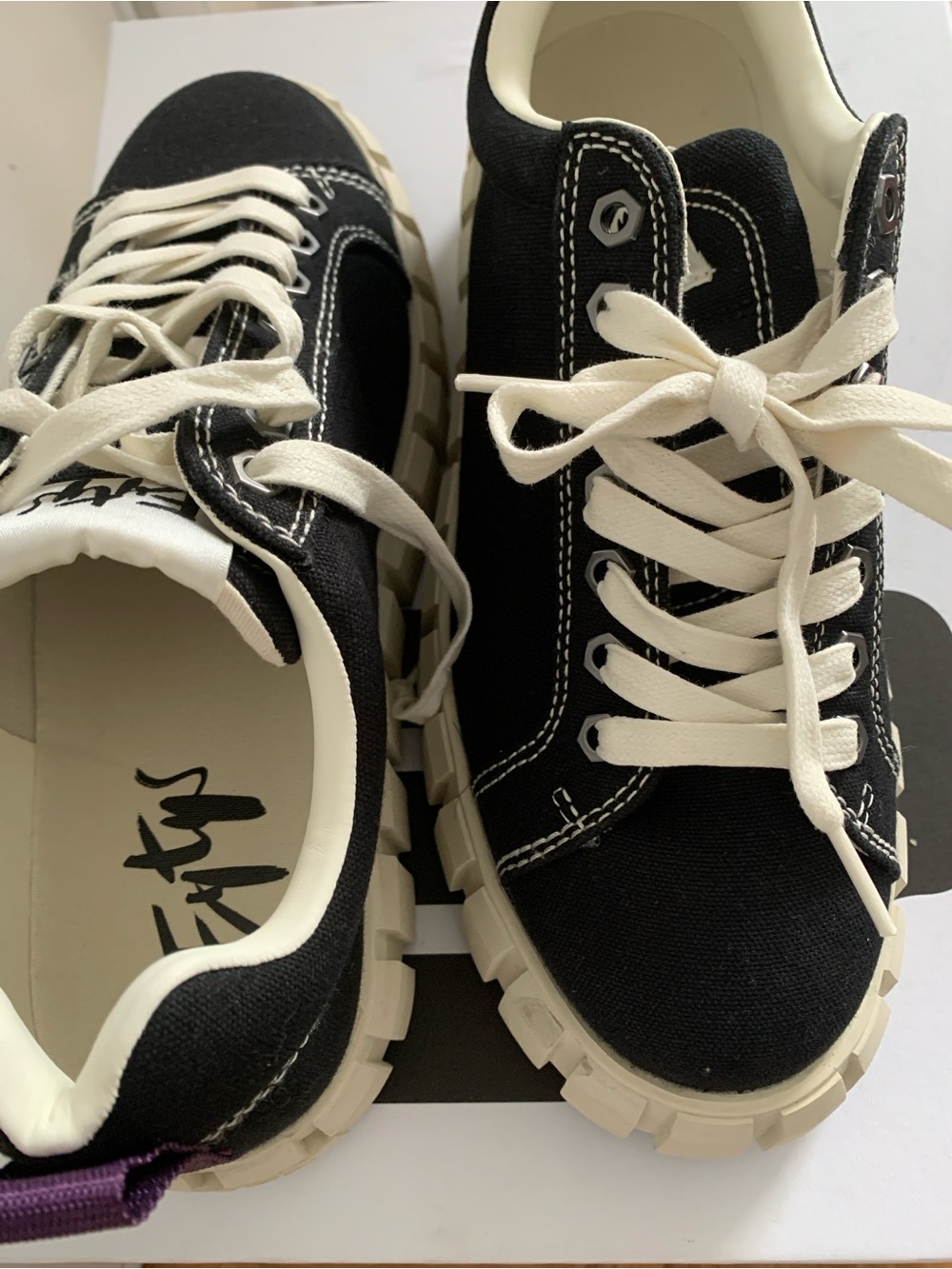 Eytys Black Canvas Platform Sneakers with Cream Soles and Purple Heel Tab - Picture 4 of 5